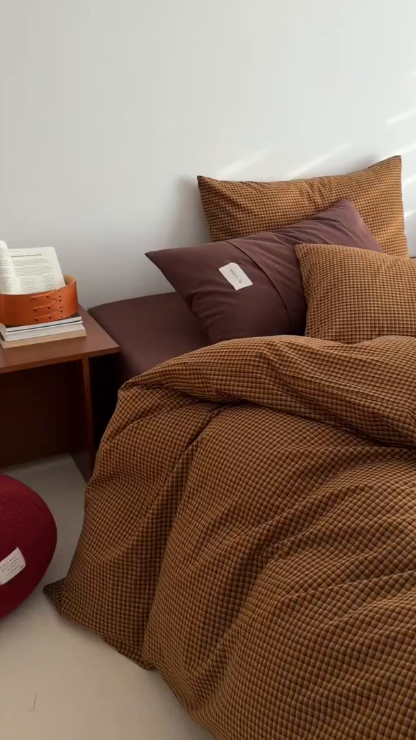 91家纺网 家纺一手货源 找家纺 欣宜家纺 2026春夏新款lns博主风全棉色织水洗棉四件套纯棉床品 黄格