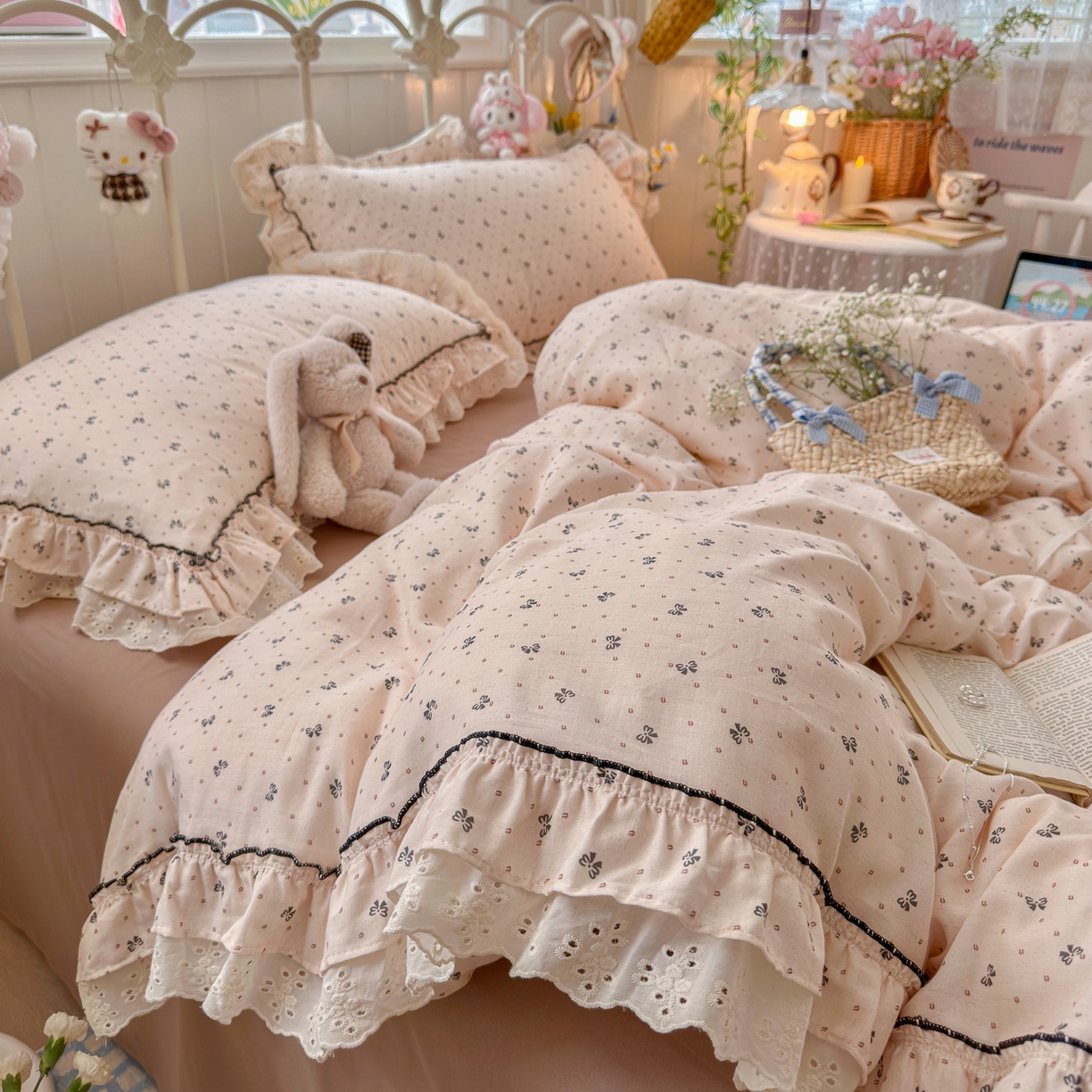 91家纺网 家纺一手货源 找家纺 （总）锦彩家居 2026新款A类全棉纯棉韩式花边款小清新双层纱四件套-半糖主义系列 （提供买家秀）