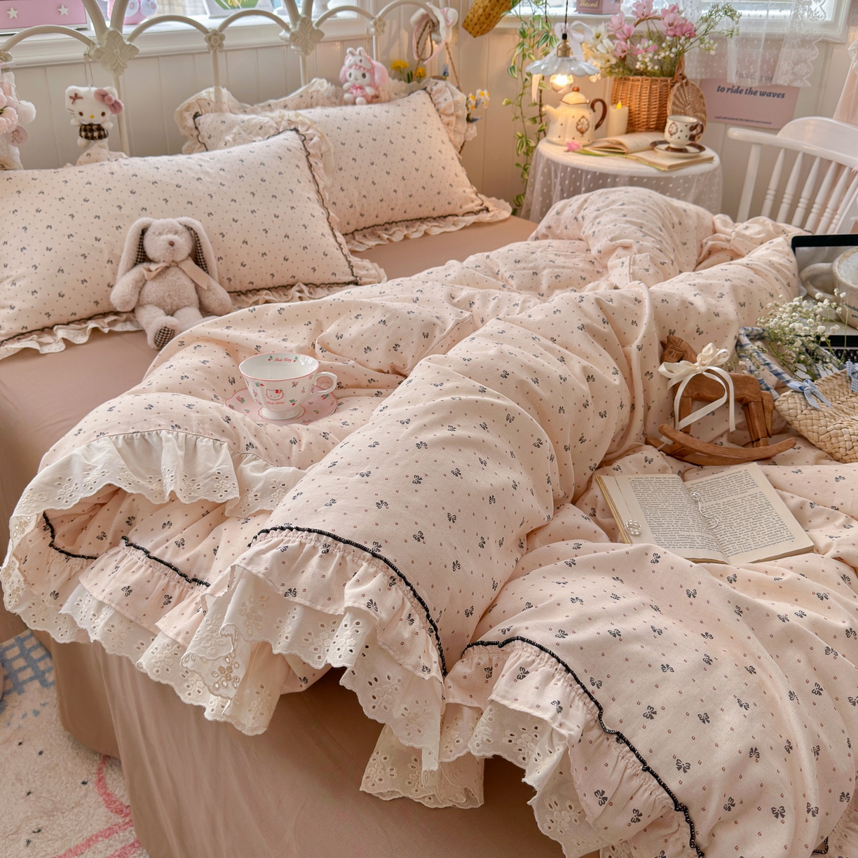 91家纺网 家纺一手货源 找家纺 （总）锦彩家居 2026新款A类全棉纯棉韩式花边款小清新双层纱四件套-半糖主义系列 （提供买家秀）