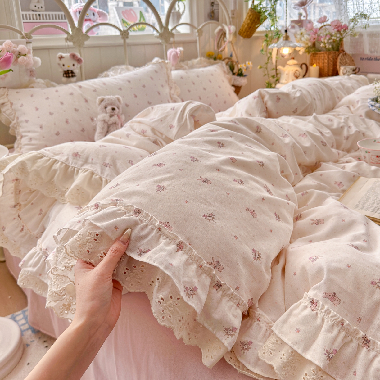 91家纺网 家纺一手货源 找家纺 （总）锦彩家居 2026新款A类全棉纯棉韩式花边款小清新双层纱四件套-半糖主义系列 （提供买家秀）