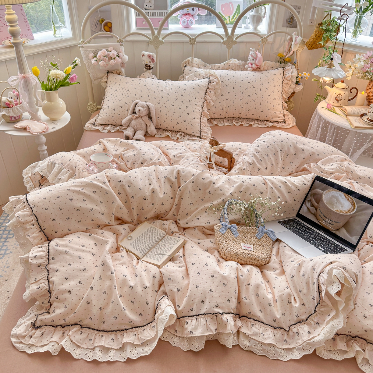 91家纺网 家纺一手货源 找家纺 （总）锦彩家居 2026新款A类全棉纯棉韩式花边款小清新双层纱四件套-半糖主义系列 （提供买家秀）