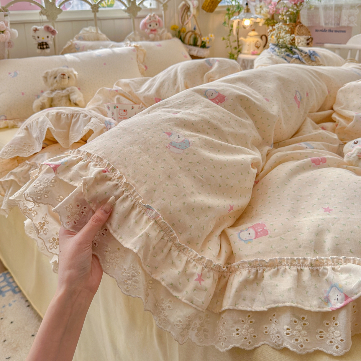 锦彩家居 2026新款A类全棉纯棉韩式花边款小清新双层纱四件套-半糖主义系列 （提供买家秀） 淘气泡泡