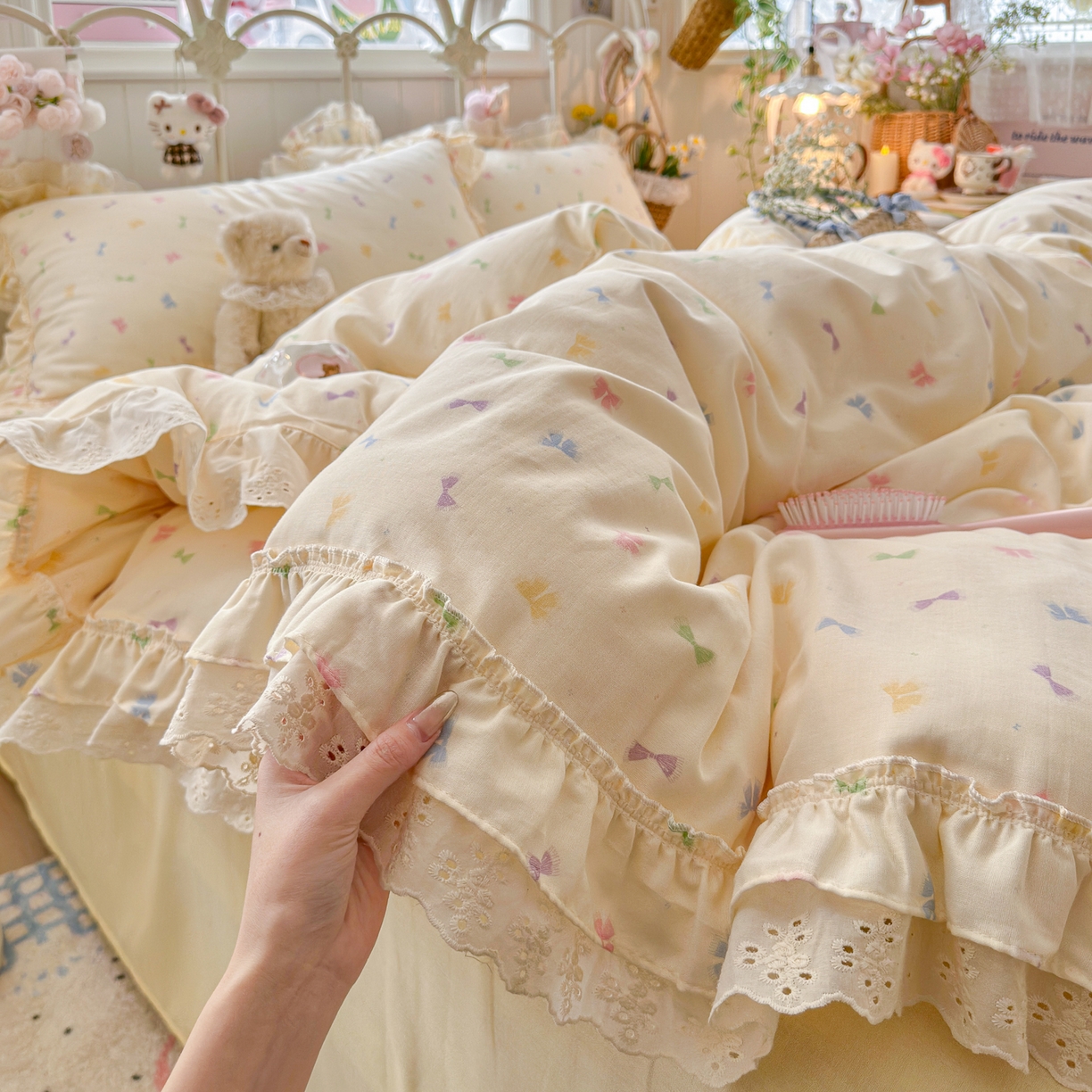 锦彩家居 2026新款A类全棉纯棉韩式花边款小清新双层纱四件套-半糖主义系列 （提供买家秀） 梦幻蝶舞