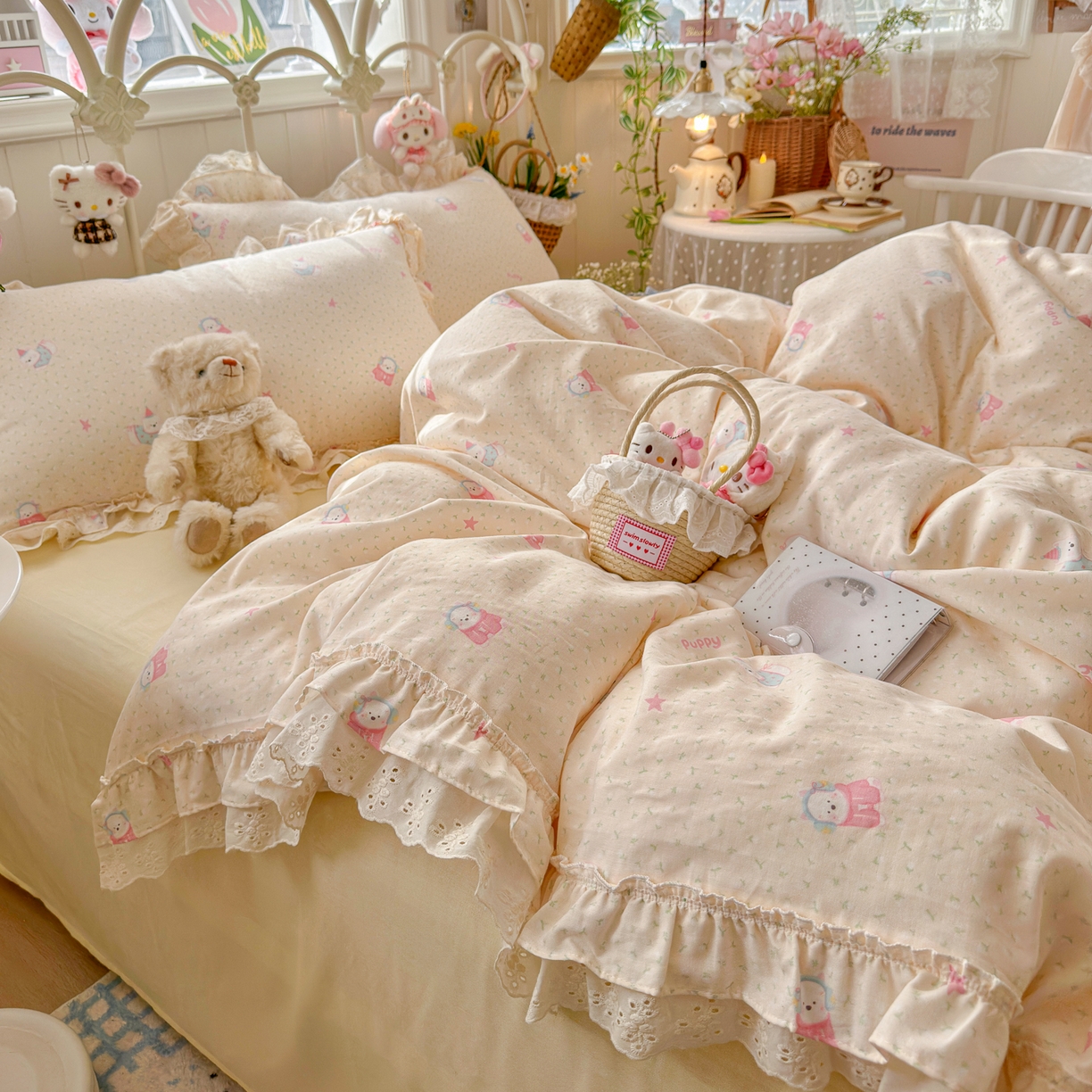 91家纺网 家纺一手货源 找家纺 锦彩家居 2026新款A类全棉纯棉韩式花边款小清新双层纱四件套-半糖主义系列 （提供买家秀） 淘气泡泡