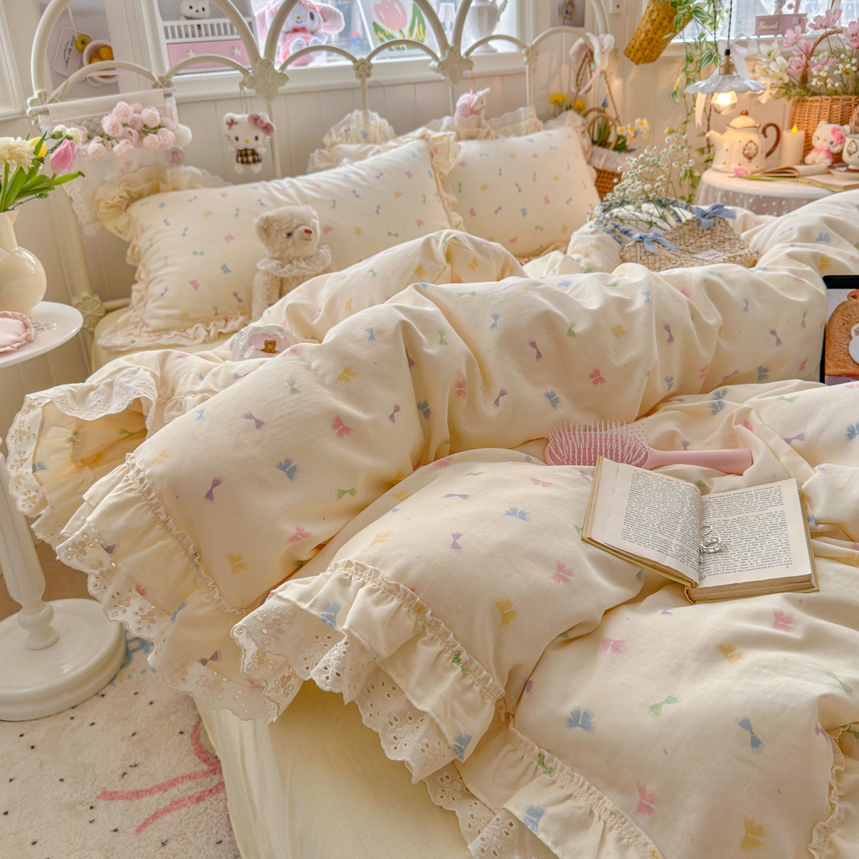 91家纺网 家纺一手货源 找家纺 锦彩家居 2026新款A类全棉纯棉韩式花边款小清新双层纱四件套-半糖主义系列 （提供买家秀） 梦幻蝶舞