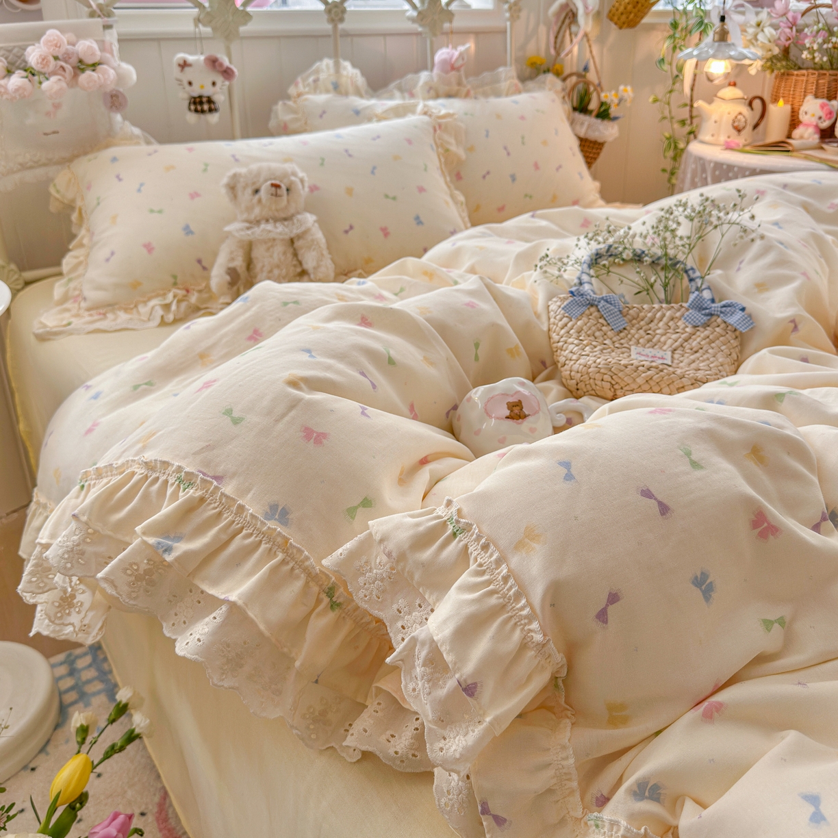 91家纺网 家纺一手货源 找家纺 锦彩家居 2026新款A类全棉纯棉韩式花边款小清新双层纱四件套-半糖主义系列 （提供买家秀） 梦幻蝶舞