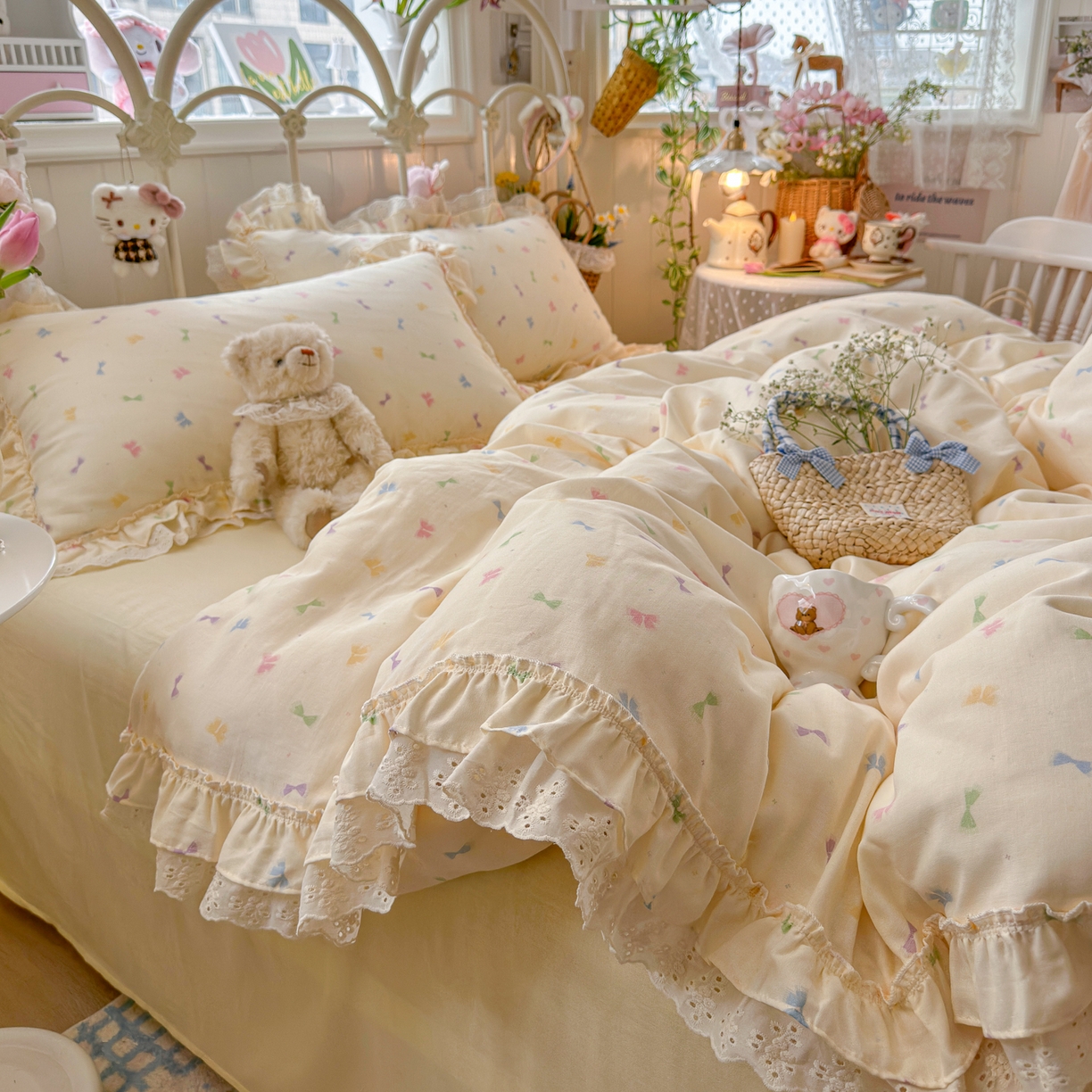 91家纺网 家纺一手货源 找家纺 锦彩家居 2026新款A类全棉纯棉韩式花边款小清新双层纱四件套-半糖主义系列 （提供买家秀） 梦幻蝶舞