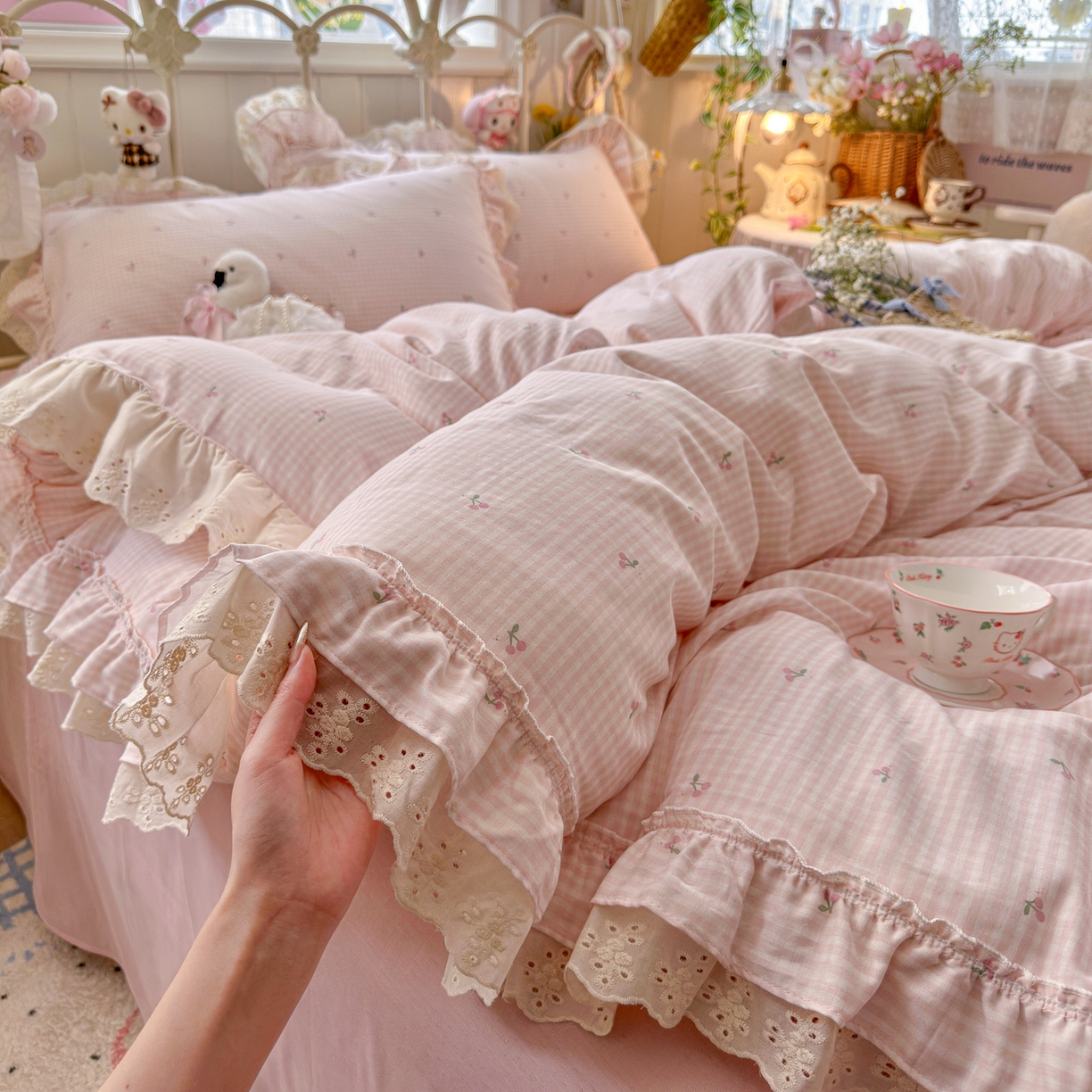 锦彩家居 2026新款A类全棉纯棉韩式花边款小清新双层纱四件套-半糖主义系列 （提供买家秀） 奶油樱桃
