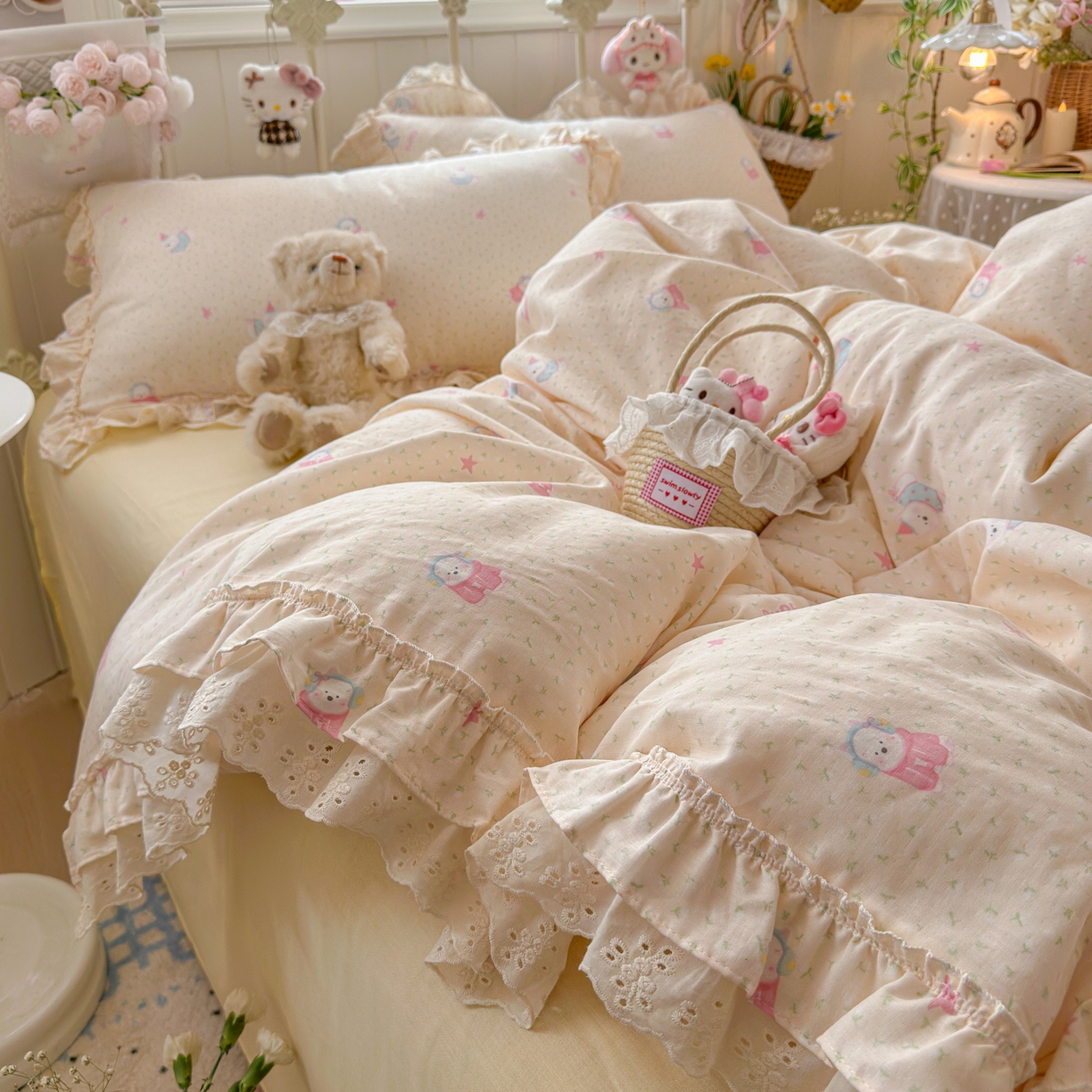 91家纺网 家纺一手货源 找家纺 锦彩家居 2026新款A类全棉纯棉韩式花边款小清新双层纱四件套-半糖主义系列 （提供买家秀） 淘气泡泡