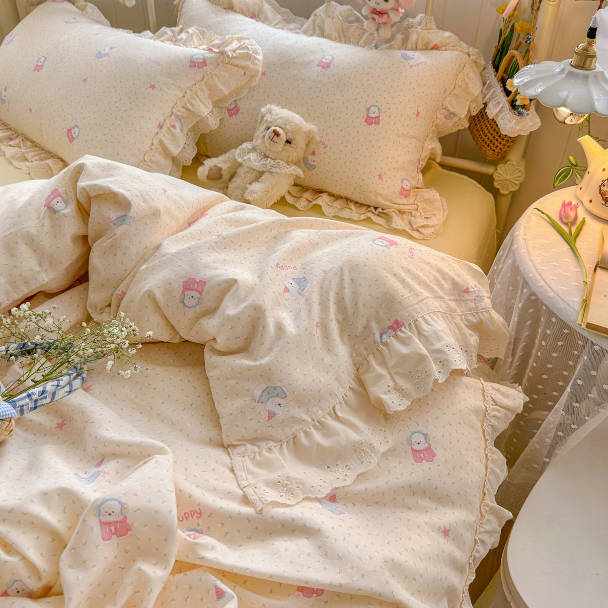 91家纺网 家纺一手货源 找家纺 锦彩家居 2026新款A类全棉纯棉韩式花边款小清新双层纱四件套-半糖主义系列 （提供买家秀） 淘气泡泡