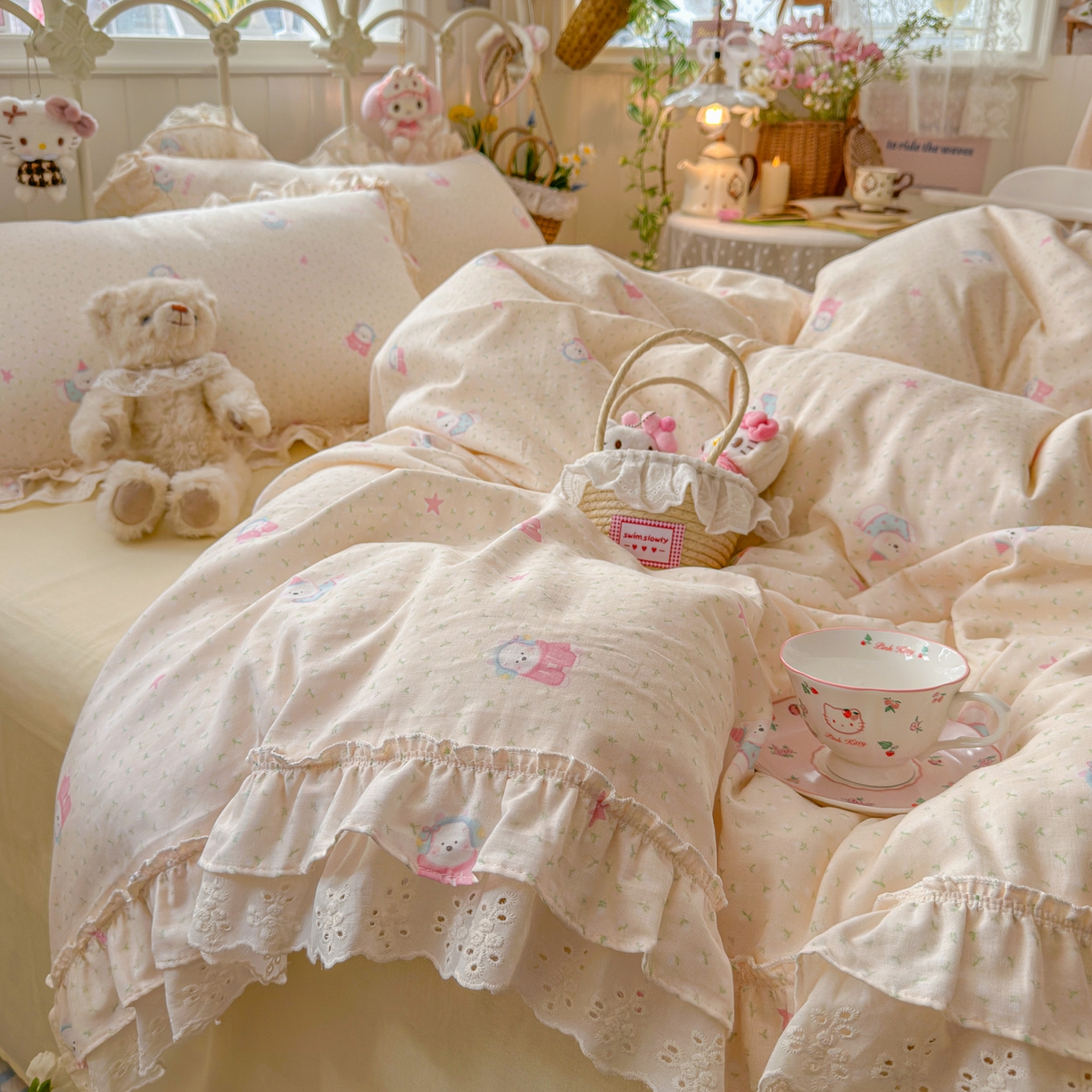 91家纺网 家纺一手货源 找家纺 锦彩家居 2026新款A类全棉纯棉韩式花边款小清新双层纱四件套-半糖主义系列 （提供买家秀） 淘气泡泡