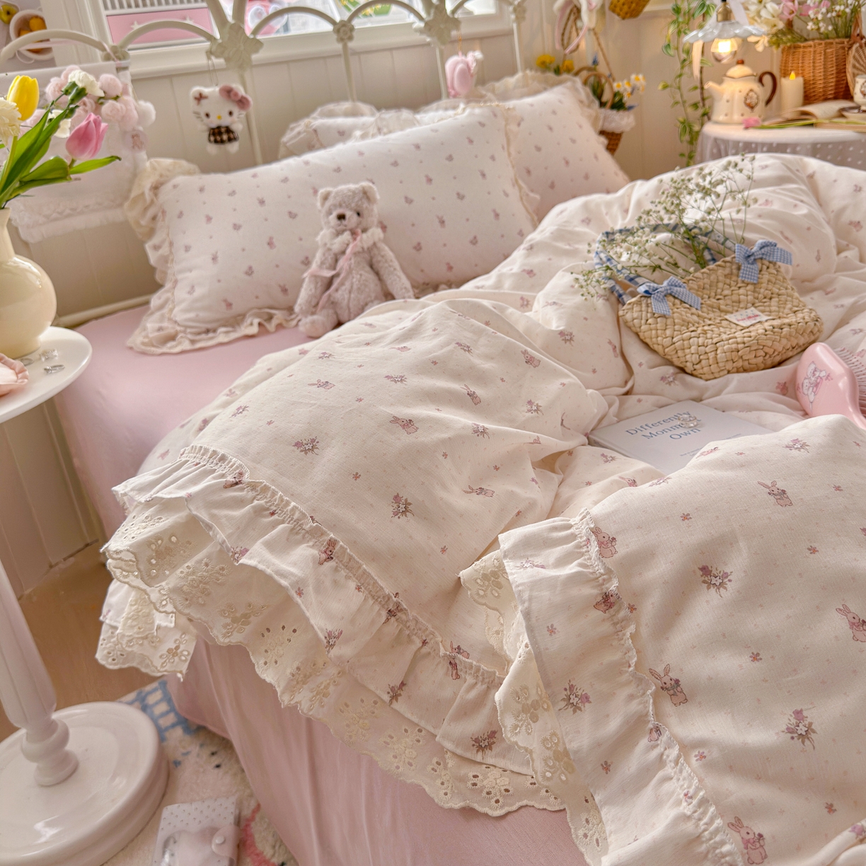 91家纺网 家纺一手货源 找家纺 锦彩家居 2026新款A类全棉纯棉韩式花边款小清新双层纱四件套-半糖主义系列 （提供买家秀） 软萌小兔
