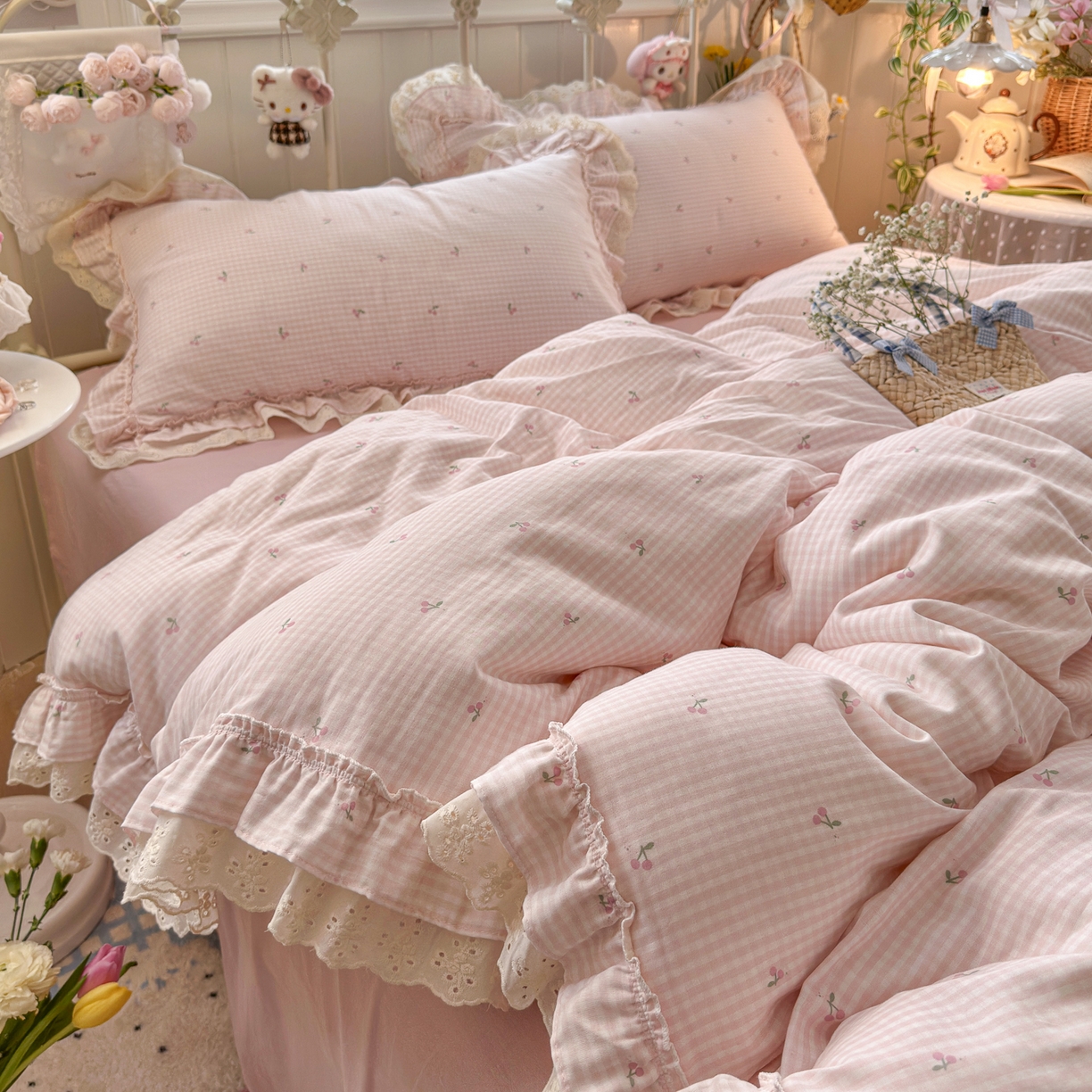 91家纺网 家纺一手货源 找家纺 锦彩家居 2026新款A类全棉纯棉韩式花边款小清新双层纱四件套-半糖主义系列 （提供买家秀） 奶油樱桃