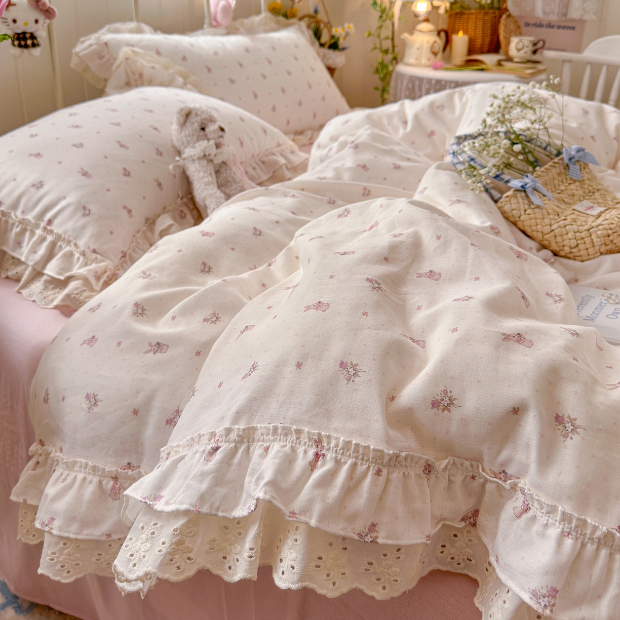 91家纺网 家纺一手货源 找家纺 锦彩家居 2026新款A类全棉纯棉韩式花边款小清新双层纱四件套-半糖主义系列 （提供买家秀） 软萌小兔