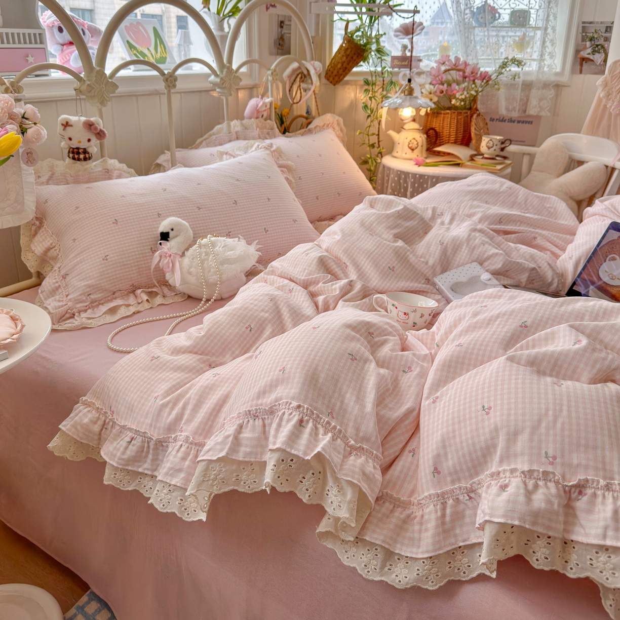 91家纺网 家纺一手货源 找家纺 锦彩家居 2026新款A类全棉纯棉韩式花边款小清新双层纱四件套-半糖主义系列 （提供买家秀） 奶油樱桃