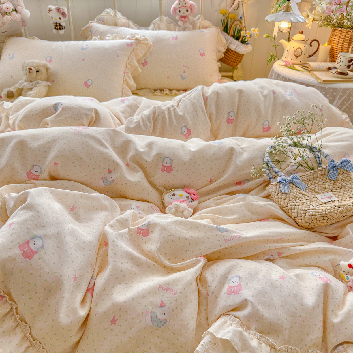 91家纺网 家纺一手货源 找家纺 锦彩家居 2026新款A类全棉纯棉韩式花边款小清新双层纱四件套-半糖主义系列 （提供买家秀） 淘气泡泡