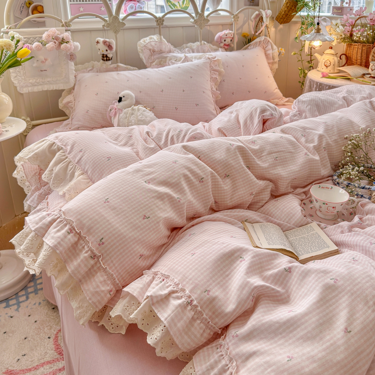 91家纺网 家纺一手货源 找家纺 锦彩家居 2026新款A类全棉纯棉韩式花边款小清新双层纱四件套-半糖主义系列 （提供买家秀） 奶油樱桃