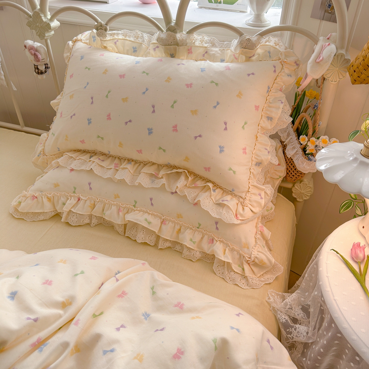 91家纺网 家纺一手货源 找家纺 锦彩家居 2026新款A类全棉纯棉韩式花边款小清新双层纱四件套-半糖主义系列 （提供买家秀） 梦幻蝶舞