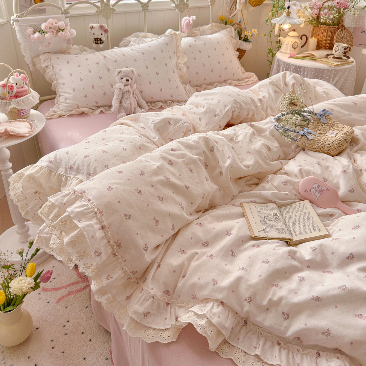 91家纺网 家纺一手货源 找家纺 锦彩家居 2026新款A类全棉纯棉韩式花边款小清新双层纱四件套-半糖主义系列 （提供买家秀） 软萌小兔
