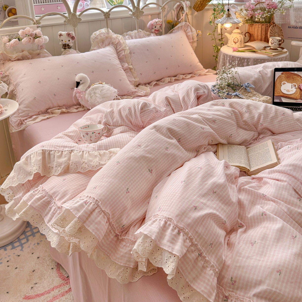 91家纺网 家纺一手货源 找家纺 锦彩家居 2026新款A类全棉纯棉韩式花边款小清新双层纱四件套-半糖主义系列 （提供买家秀） 奶油樱桃