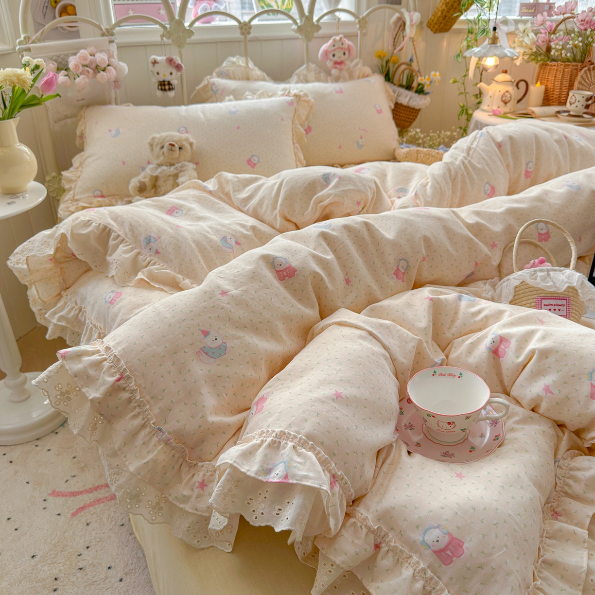 91家纺网 家纺一手货源 找家纺 锦彩家居 2026新款A类全棉纯棉韩式花边款小清新双层纱四件套-半糖主义系列 （提供买家秀） 淘气泡泡