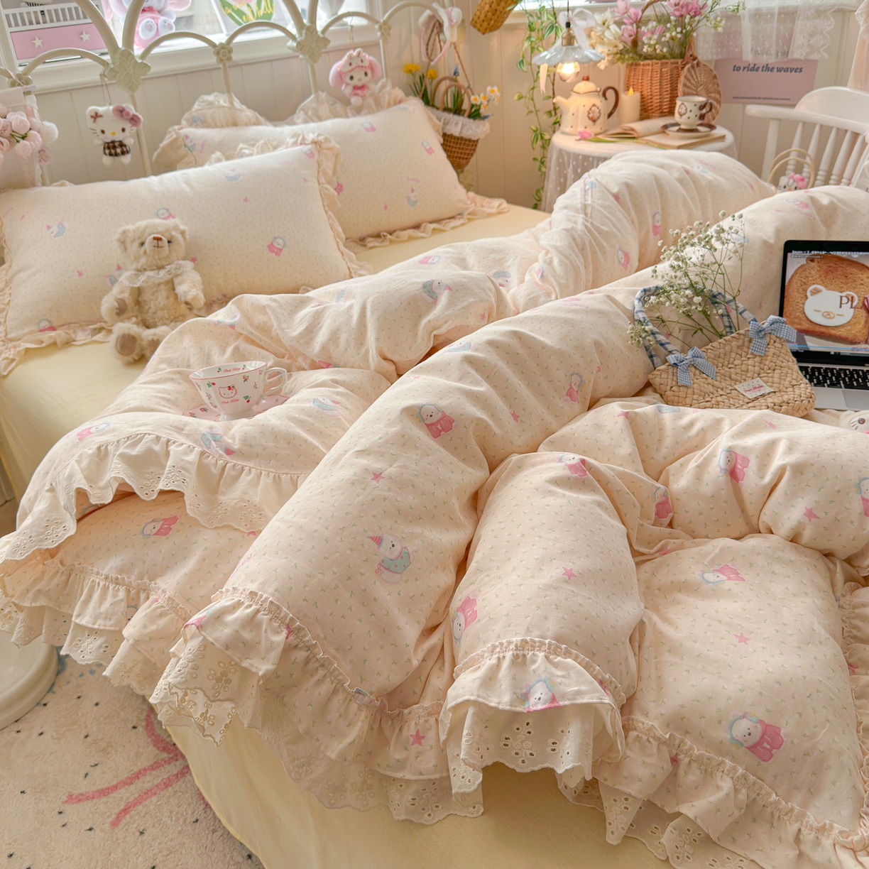 91家纺网 家纺一手货源 找家纺 锦彩家居 2026新款A类全棉纯棉韩式花边款小清新双层纱四件套-半糖主义系列 （提供买家秀） 淘气泡泡