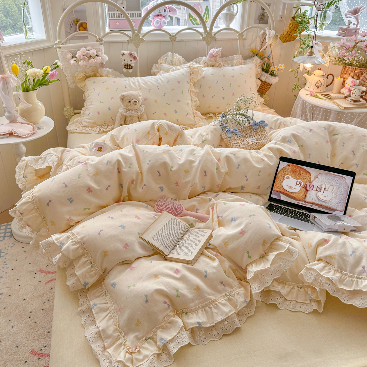 91家纺网 家纺一手货源 找家纺 锦彩家居 2026新款A类全棉纯棉韩式花边款小清新双层纱四件套-半糖主义系列 （提供买家秀） 梦幻蝶舞