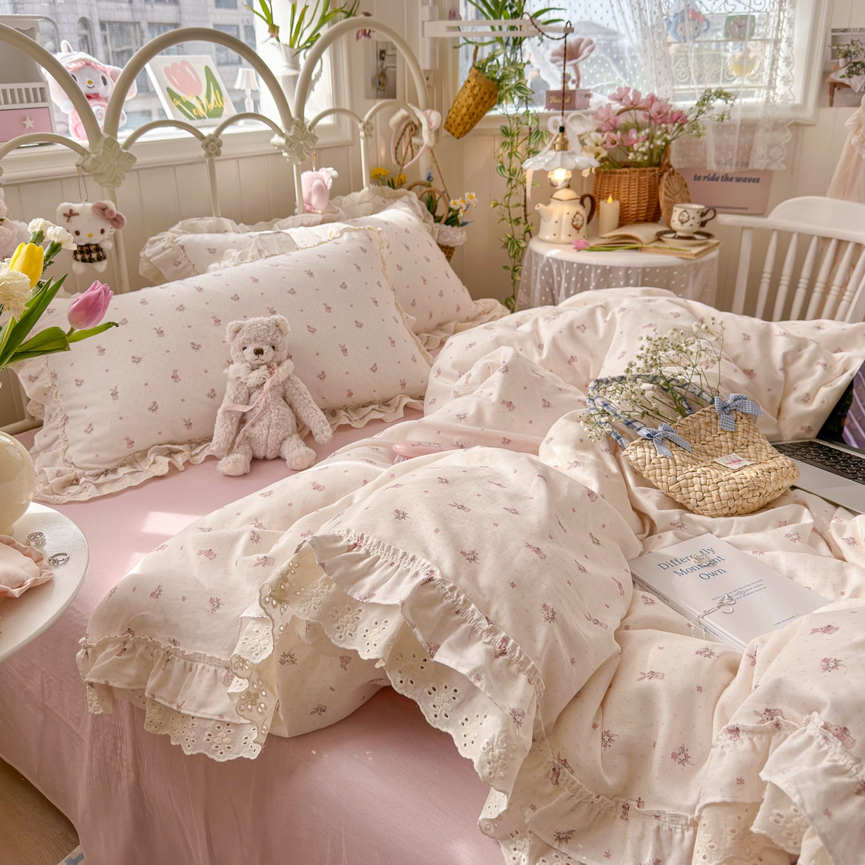 91家纺网 家纺一手货源 找家纺 锦彩家居 2026新款A类全棉纯棉韩式花边款小清新双层纱四件套-半糖主义系列 （提供买家秀） 软萌小兔