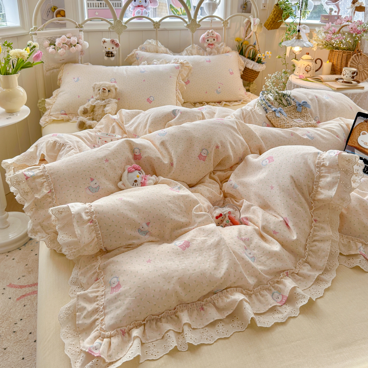 91家纺网 家纺一手货源 找家纺 锦彩家居 2026新款A类全棉纯棉韩式花边款小清新双层纱四件套-半糖主义系列 （提供买家秀） 淘气泡泡