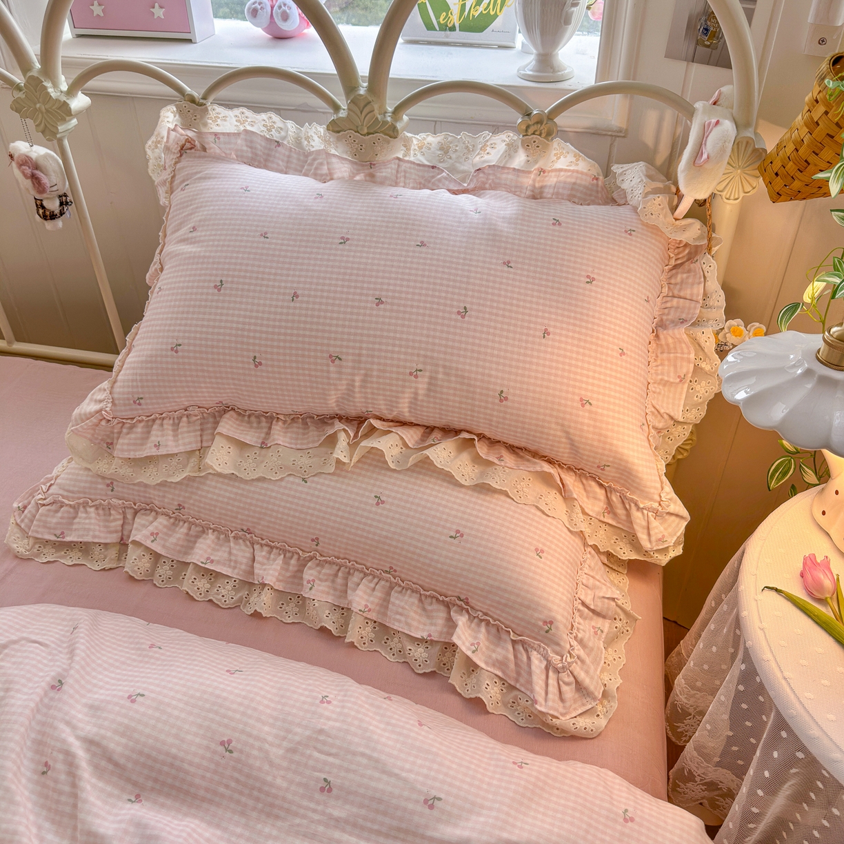 91家纺网 家纺一手货源 找家纺 锦彩家居 2026新款A类全棉纯棉韩式花边款小清新双层纱四件套-半糖主义系列 （提供买家秀） 奶油樱桃