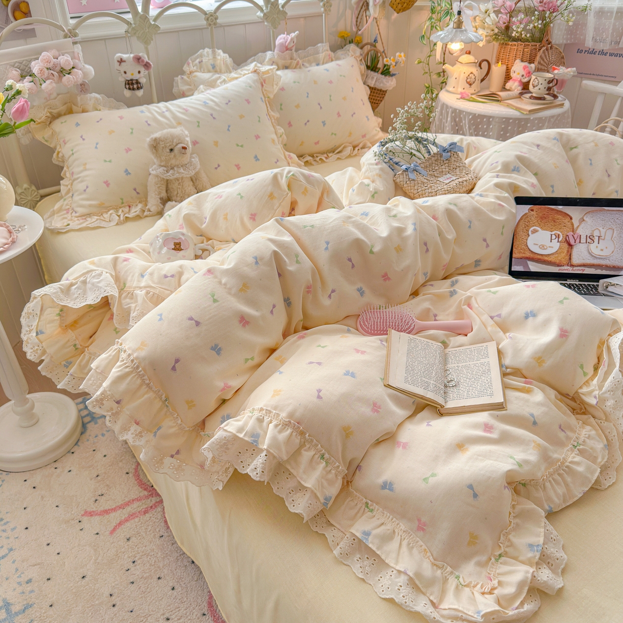 91家纺网 家纺一手货源 找家纺 锦彩家居 2026新款A类全棉纯棉韩式花边款小清新双层纱四件套-半糖主义系列 （提供买家秀） 梦幻蝶舞