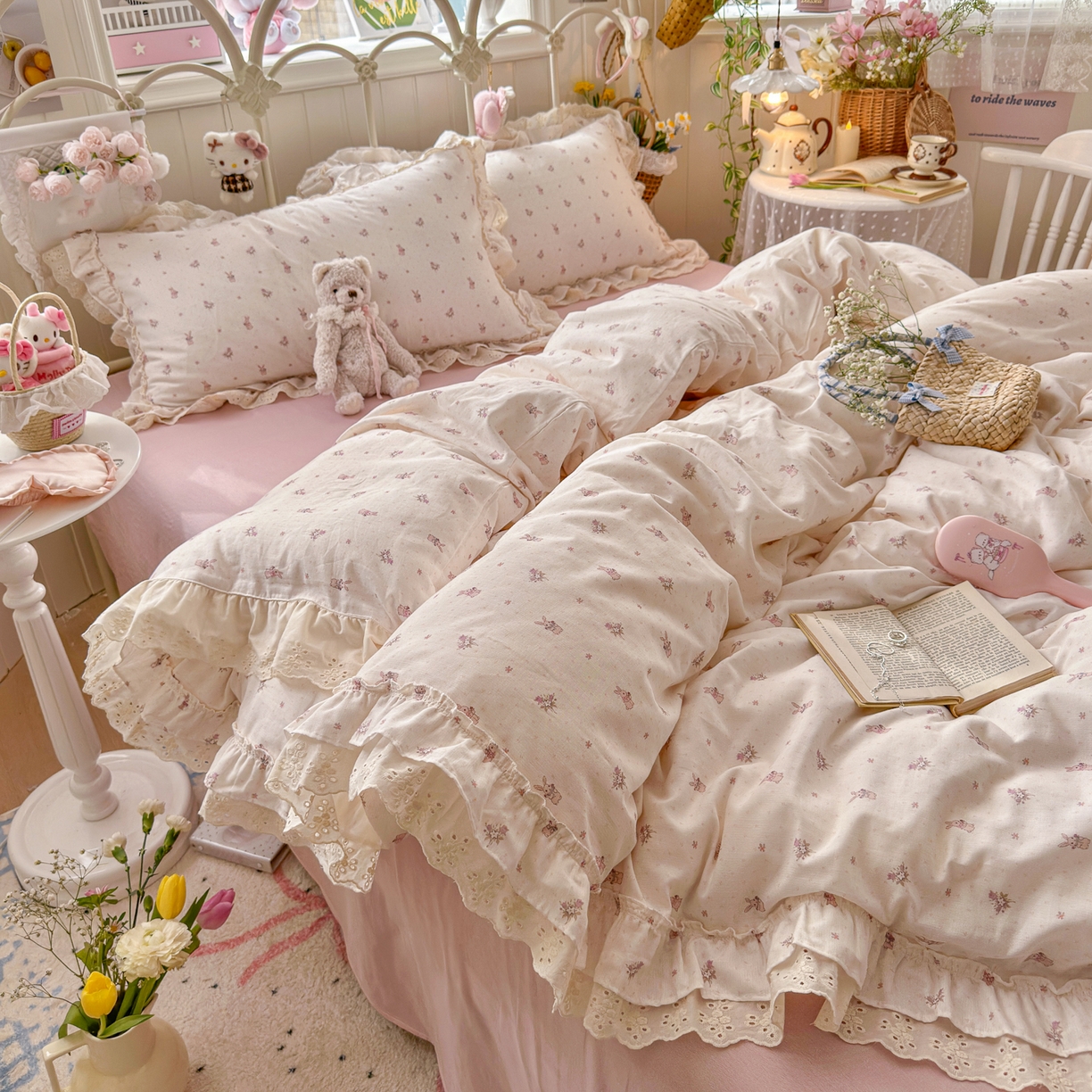 91家纺网 家纺一手货源 找家纺 锦彩家居 2026新款A类全棉纯棉韩式花边款小清新双层纱四件套-半糖主义系列 （提供买家秀） 软萌小兔