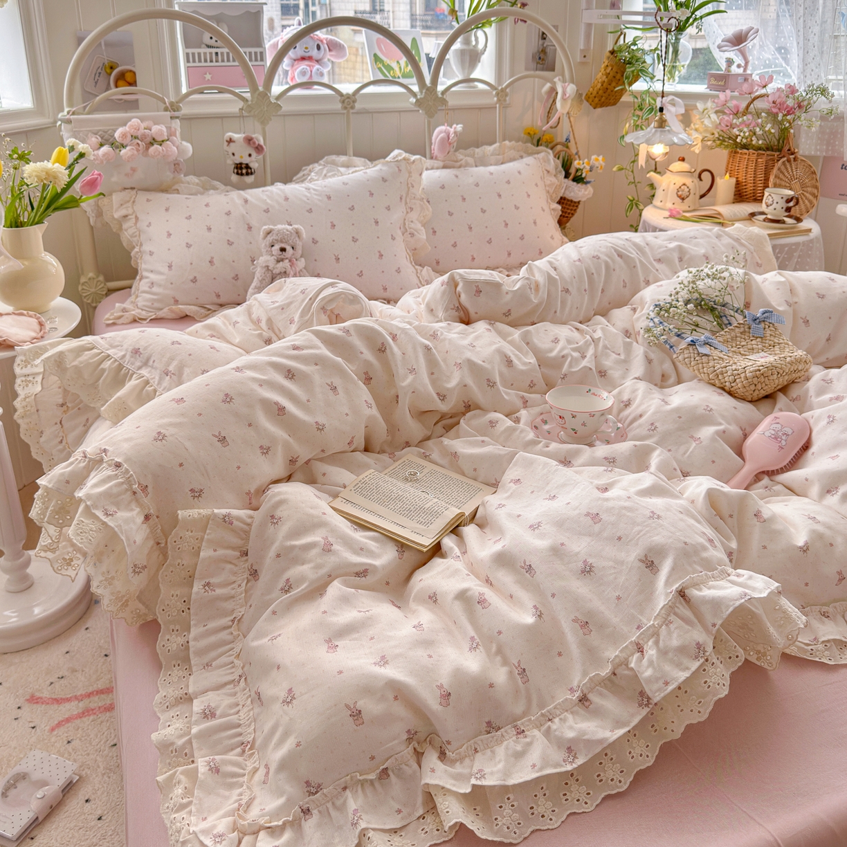 91家纺网 家纺一手货源 找家纺 锦彩家居 2026新款A类全棉纯棉韩式花边款小清新双层纱四件套-半糖主义系列 （提供买家秀） 软萌小兔