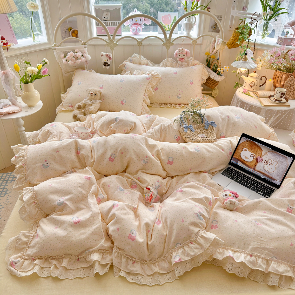 91家纺网 家纺一手货源 找家纺 锦彩家居 2026新款A类全棉纯棉韩式花边款小清新双层纱四件套-半糖主义系列 （提供买家秀） 淘气泡泡