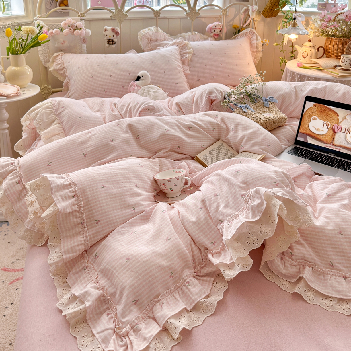 91家纺网 家纺一手货源 找家纺 锦彩家居 2026新款A类全棉纯棉韩式花边款小清新双层纱四件套-半糖主义系列 （提供买家秀） 奶油樱桃
