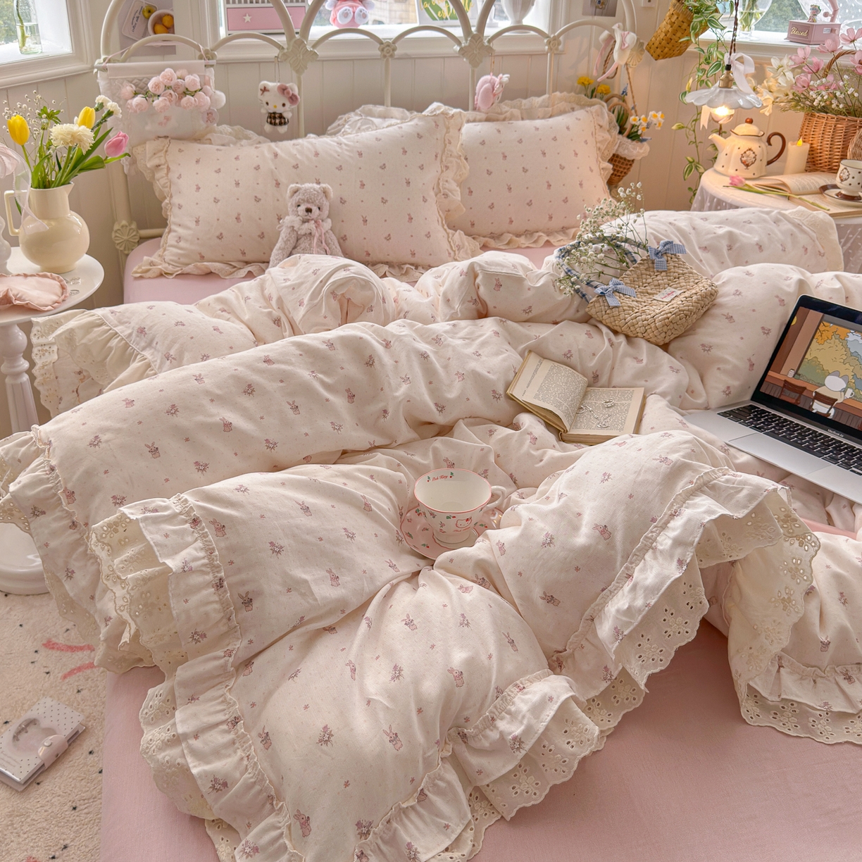 91家纺网 家纺一手货源 找家纺 锦彩家居 2026新款A类全棉纯棉韩式花边款小清新双层纱四件套-半糖主义系列 （提供买家秀） 软萌小兔