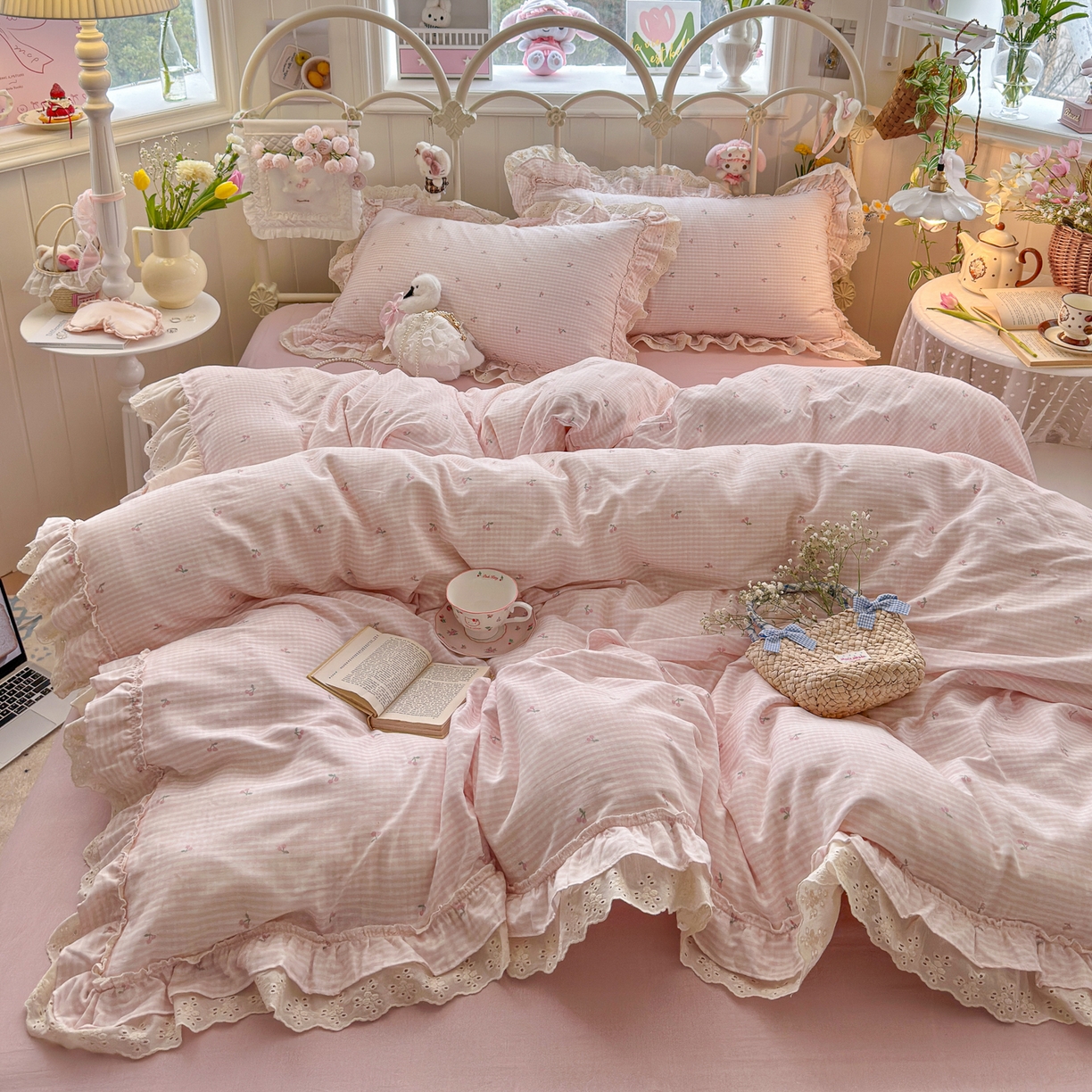 91家纺网 家纺一手货源 找家纺 锦彩家居 2026新款A类全棉纯棉韩式花边款小清新双层纱四件套-半糖主义系列 （提供买家秀） 奶油樱桃