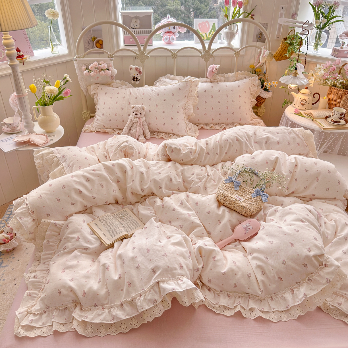 91家纺网 家纺一手货源 找家纺 锦彩家居 2026新款A类全棉纯棉韩式花边款小清新双层纱四件套-半糖主义系列 （提供买家秀） 软萌小兔