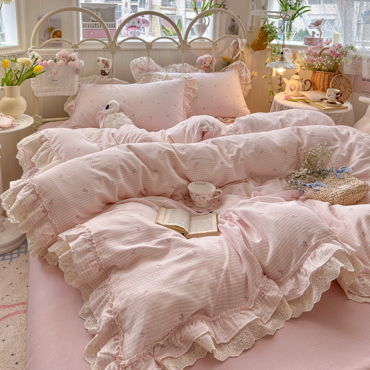 91家纺网 家纺一手货源 找家纺 锦彩家居 2026新款A类全棉纯棉韩式花边款小清新双层纱四件套-半糖主义系列 （提供买家秀） 奶油樱桃