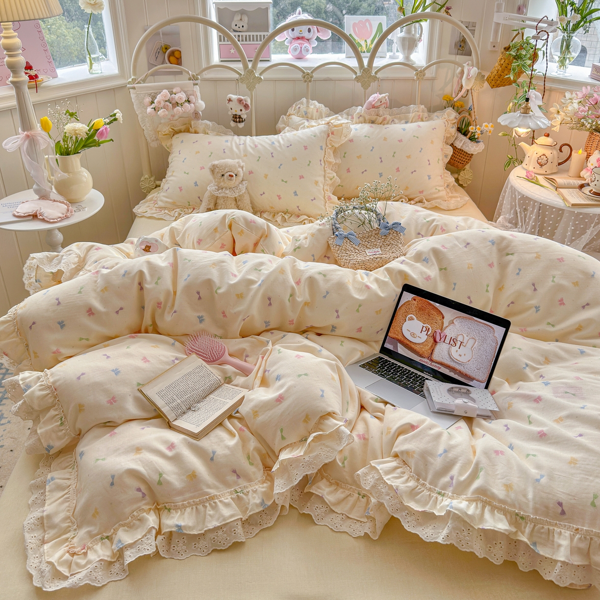 91家纺网 家纺一手货源 找家纺 锦彩家居 2026新款A类全棉纯棉韩式花边款小清新双层纱四件套-半糖主义系列 （提供买家秀） 梦幻蝶舞