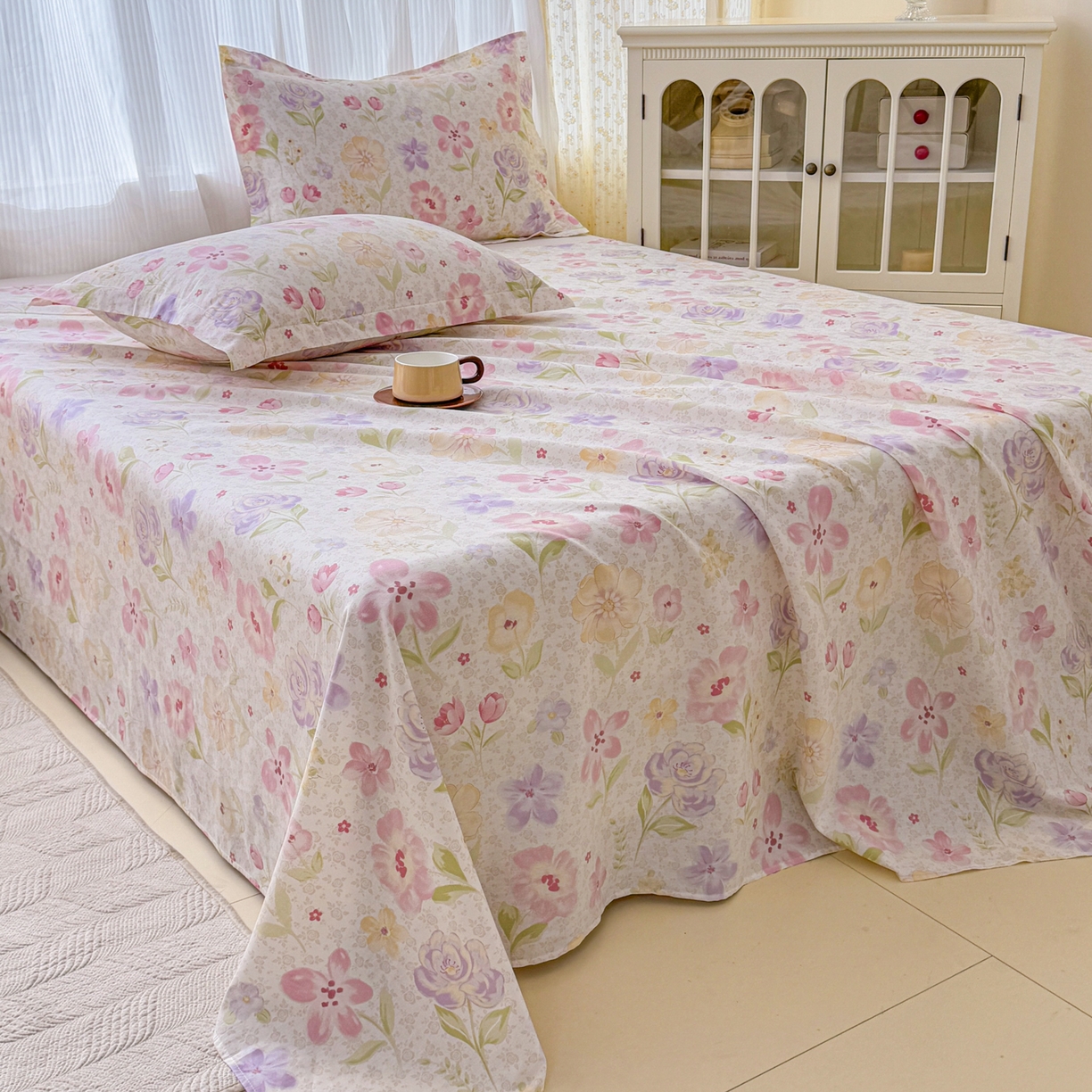 91家纺网 家纺一手货源 找家纺 安逸家纺 2026新款12868 全棉纯棉床单四件套学生宿舍纯棉床单款三件套 甜心花朵