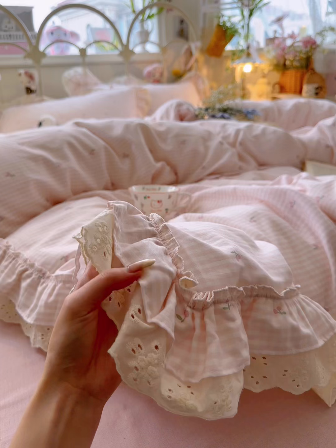91家纺网 家纺一手货源 找家纺 锦彩家居 2026新款A类全棉纯棉韩式花边款小清新双层纱四件套-半糖主义系列 （提供买家秀） 奶油樱桃