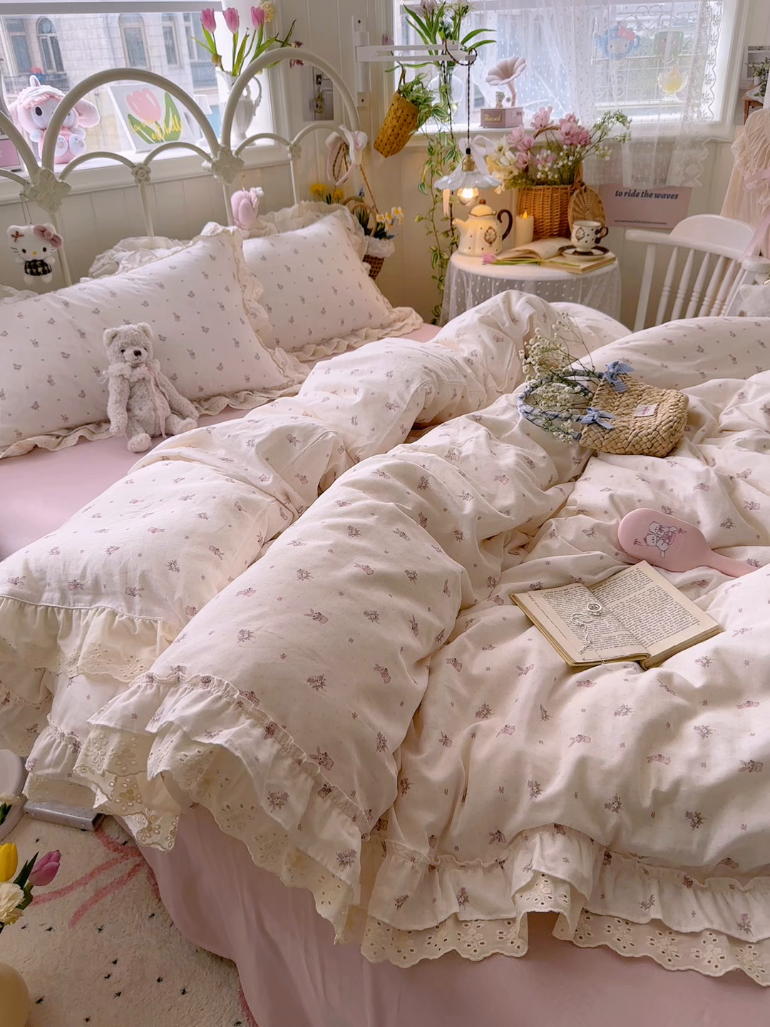 91家纺网 家纺一手货源 找家纺 锦彩家居 2026新款A类全棉纯棉韩式花边款小清新双层纱四件套-半糖主义系列 （提供买家秀） 软萌小兔