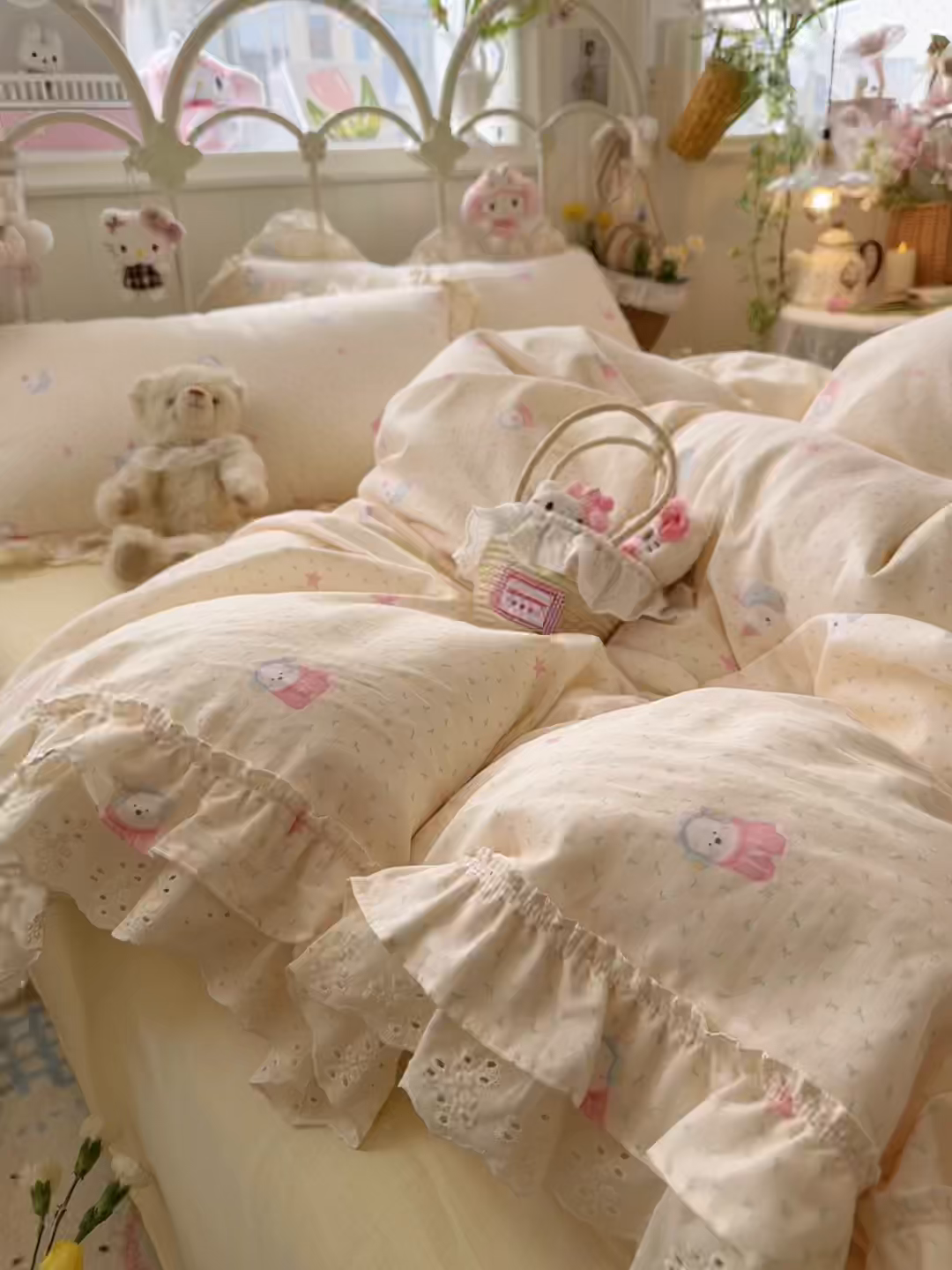 91家纺网 家纺一手货源 找家纺 锦彩家居 2026新款A类全棉纯棉韩式花边款小清新双层纱四件套-半糖主义系列 （提供买家秀） 淘气泡泡