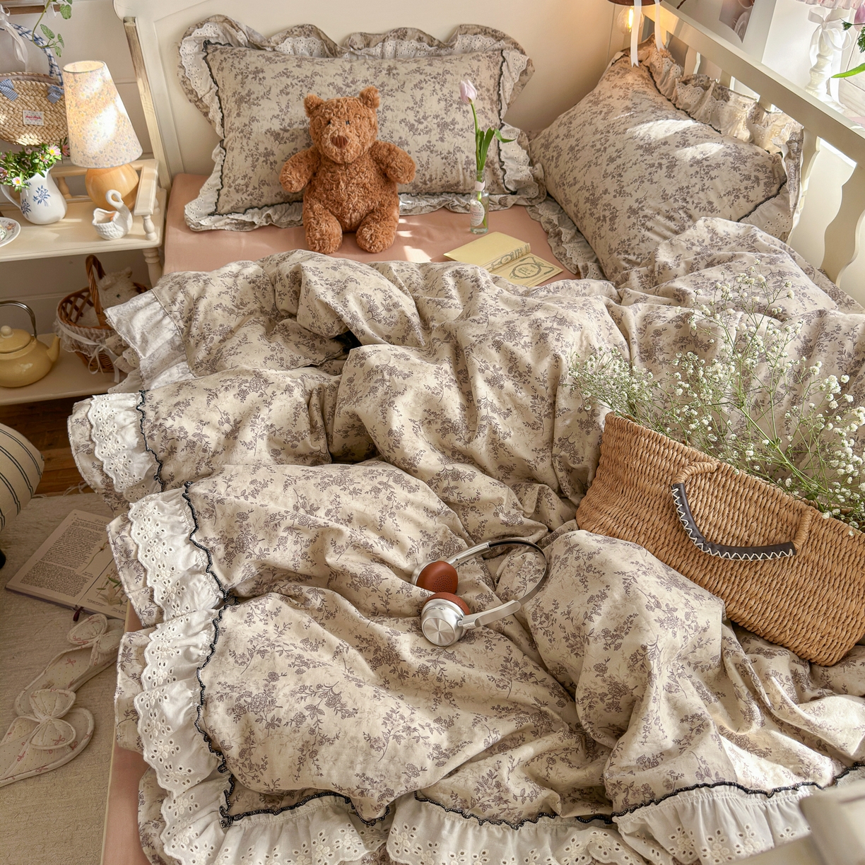 91家纺网 家纺一手货源 找家纺 （总）锦彩家居 2026新款A类全棉纯棉法式花边款小碎花双层纱四件套-蔷薇公主（提供买家秀）