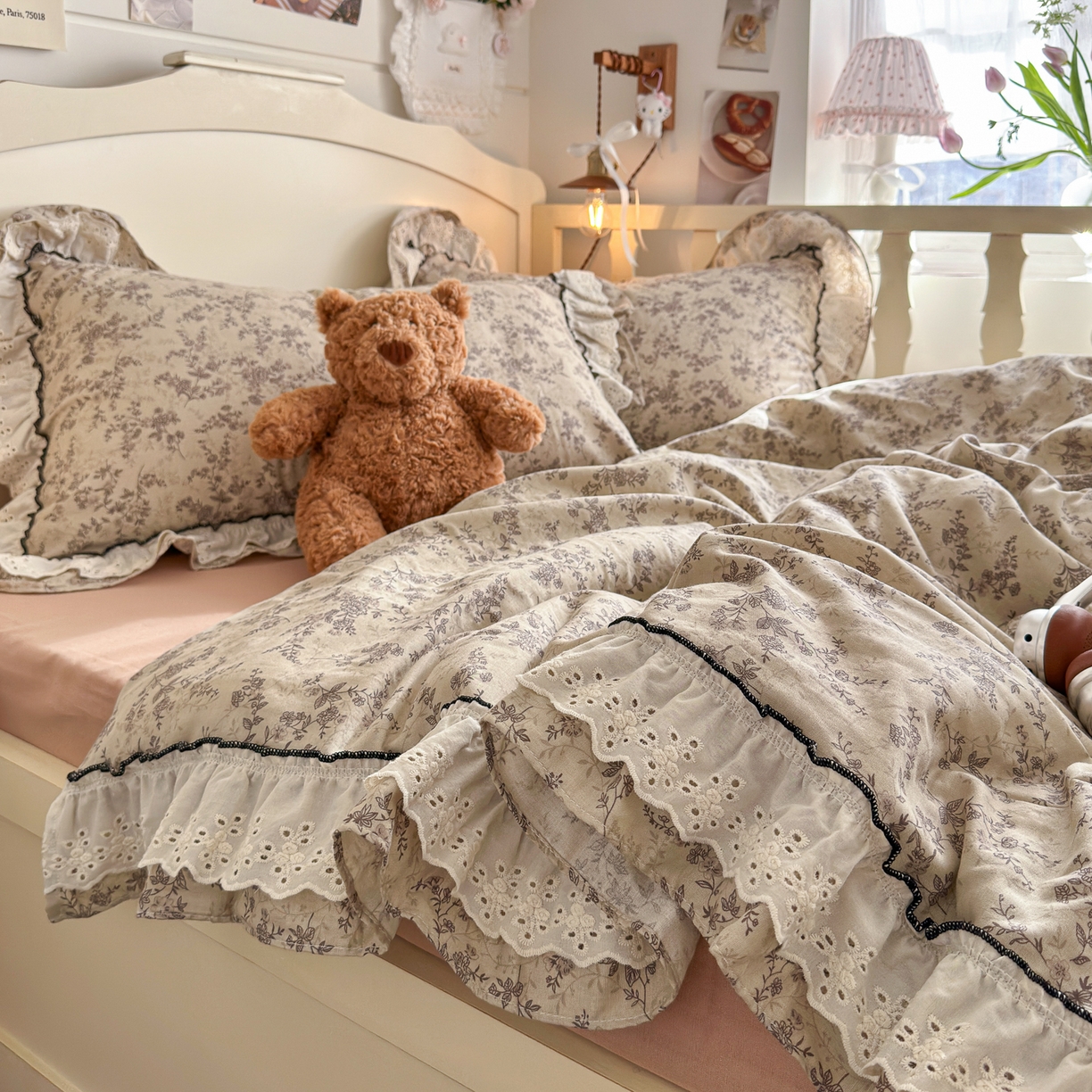 91家纺网 家纺一手货源 找家纺 （总）锦彩家居 2026新款A类全棉纯棉法式花边款小碎花双层纱四件套-蔷薇公主（提供买家秀）