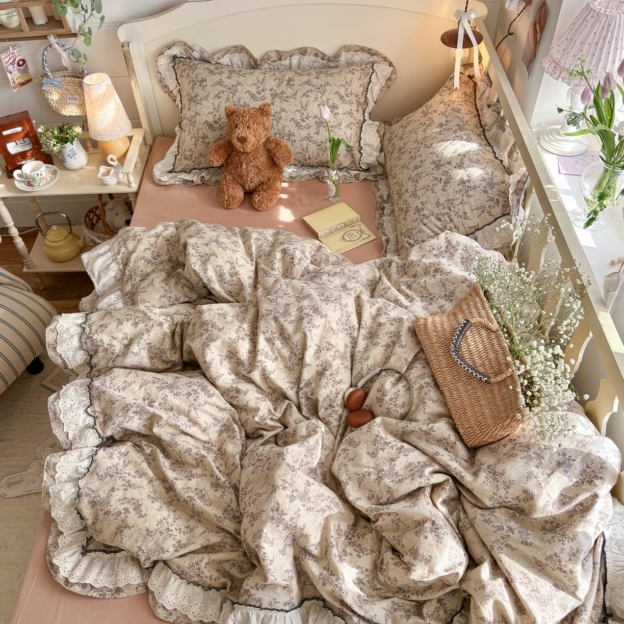 91家纺网 家纺一手货源 找家纺 （总）锦彩家居 2026新款A类全棉纯棉法式花边款小碎花双层纱四件套-蔷薇公主（提供买家秀）