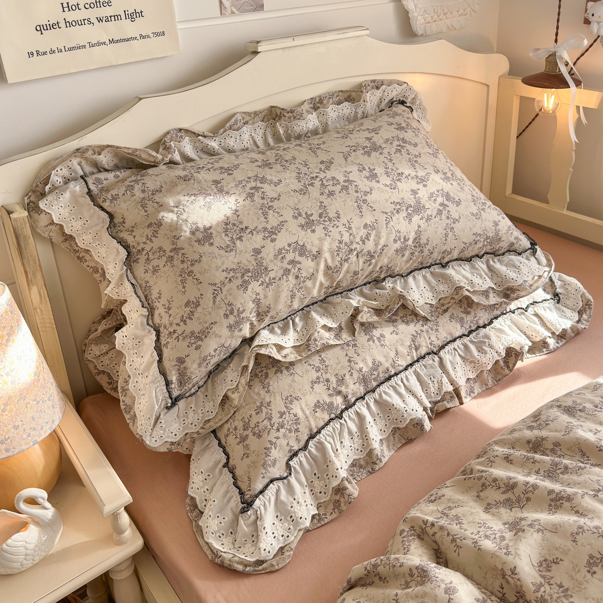 91家纺网 家纺一手货源 找家纺 （总）锦彩家居 2026新款A类全棉纯棉法式花边款小碎花双层纱四件套-蔷薇公主（提供买家秀）