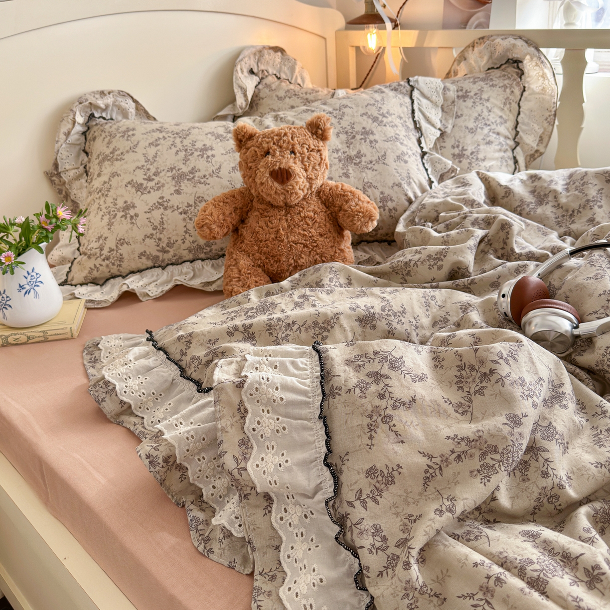 91家纺网 家纺一手货源 找家纺 （总）锦彩家居 2026新款A类全棉纯棉法式花边款小碎花双层纱四件套-蔷薇公主（提供买家秀）