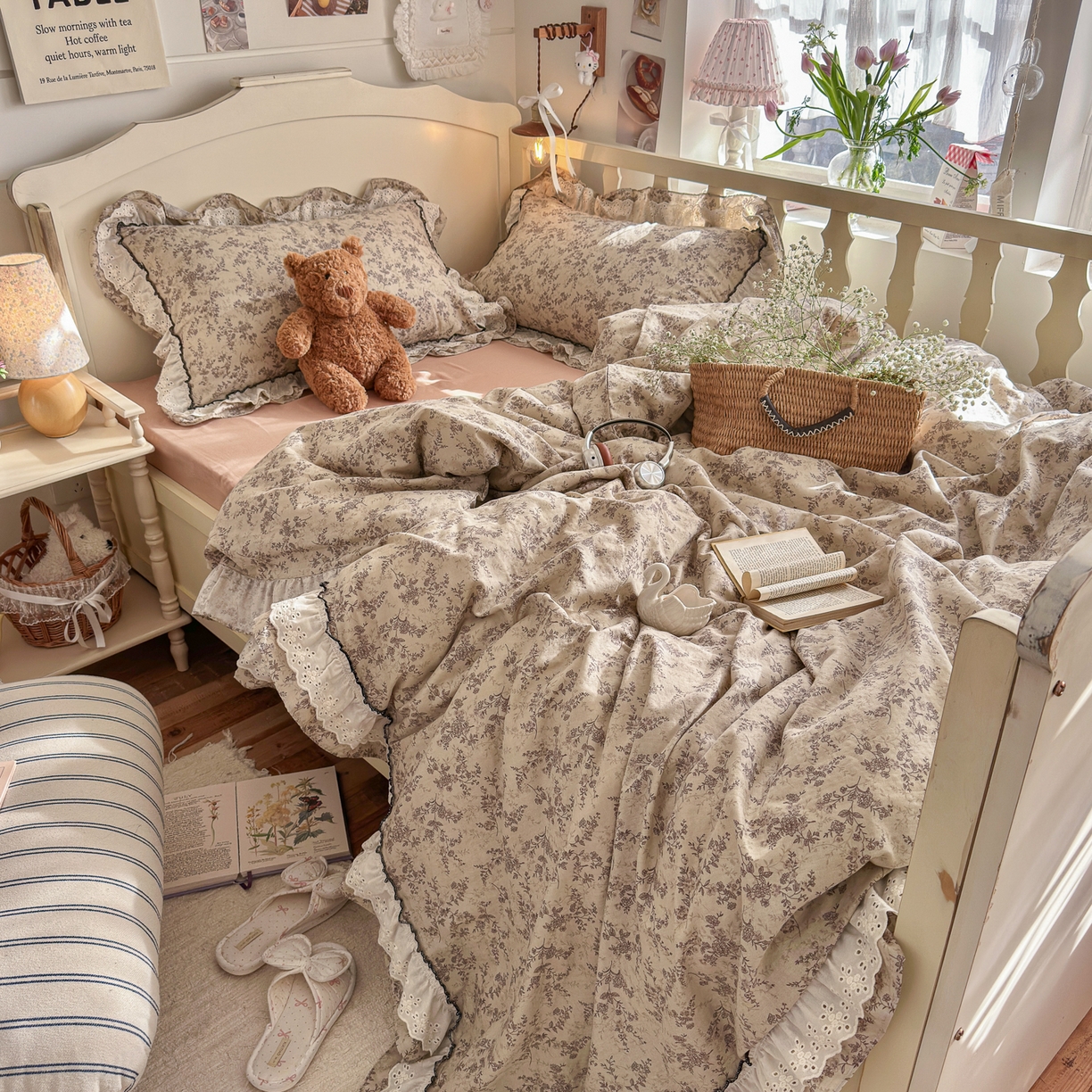 91家纺网 家纺一手货源 找家纺 （总）锦彩家居 2026新款A类全棉纯棉法式花边款小碎花双层纱四件套-蔷薇公主（提供买家秀）